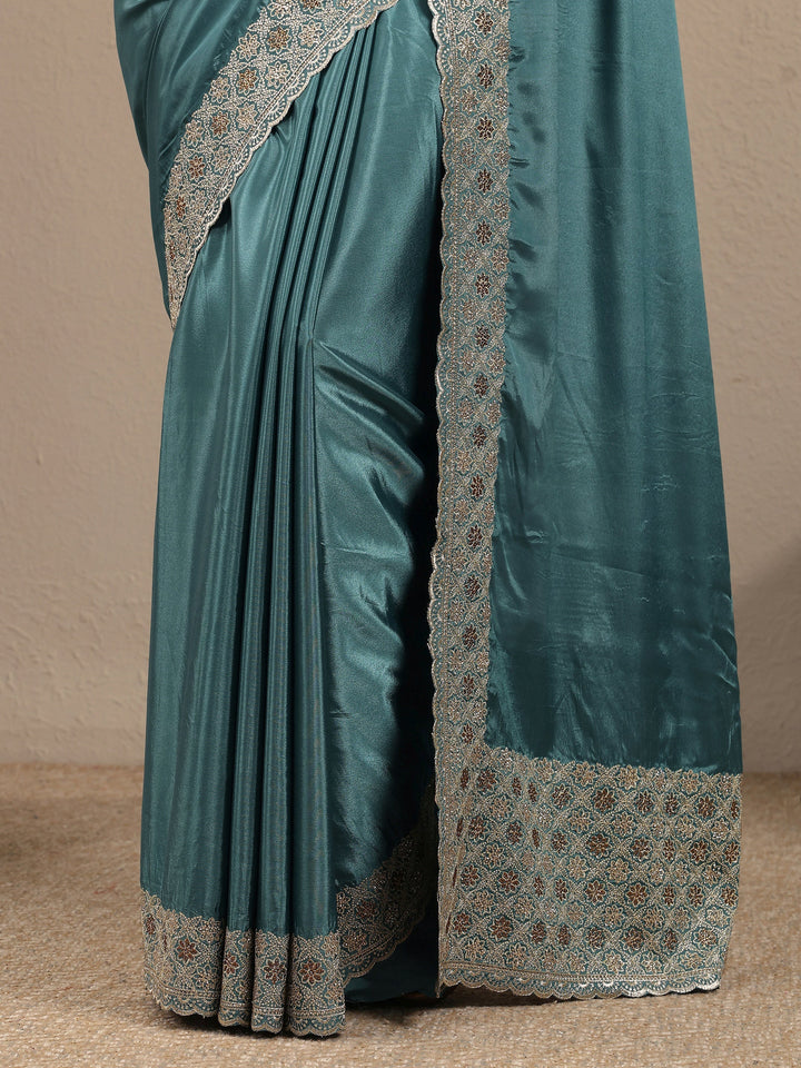 Blue Solid Silk Blend Saree With Unstitched Blouse Piece