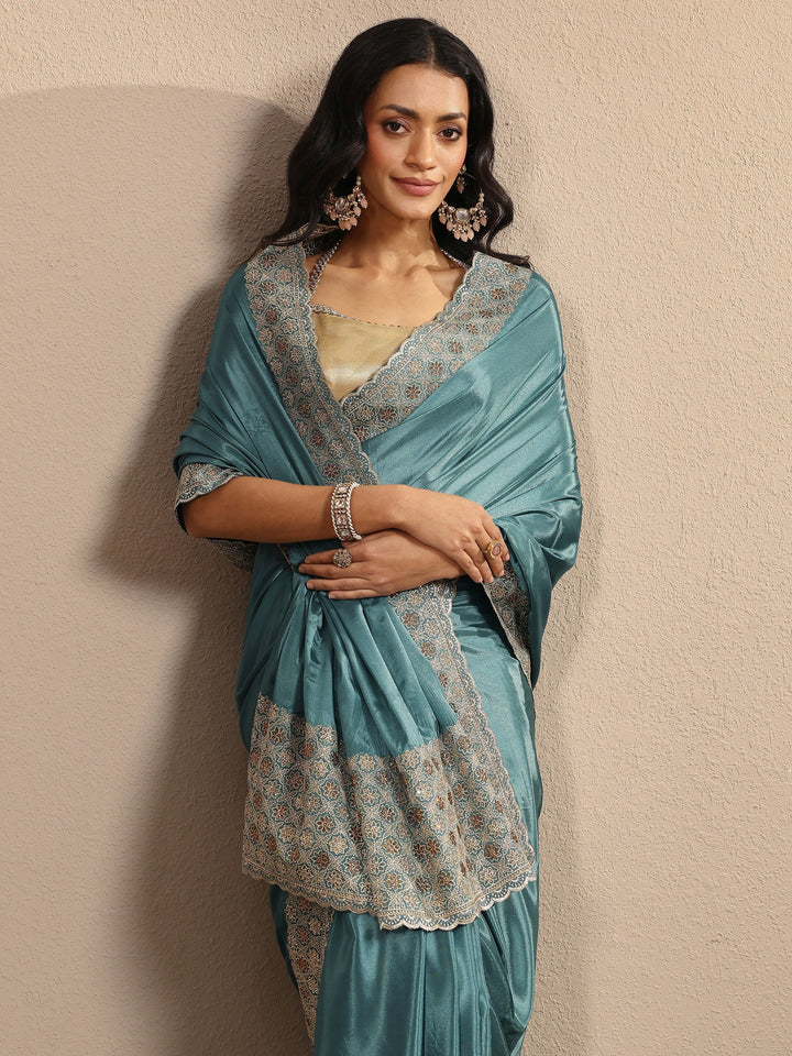 Blue Solid Silk Blend Saree With Unstitched Blouse Piece