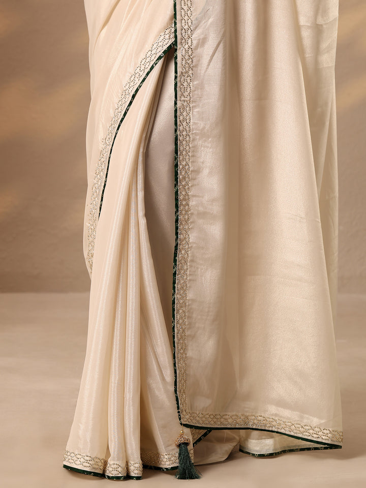 Cream Solid Silk Blend Saree With Unstitched Blouse Piece