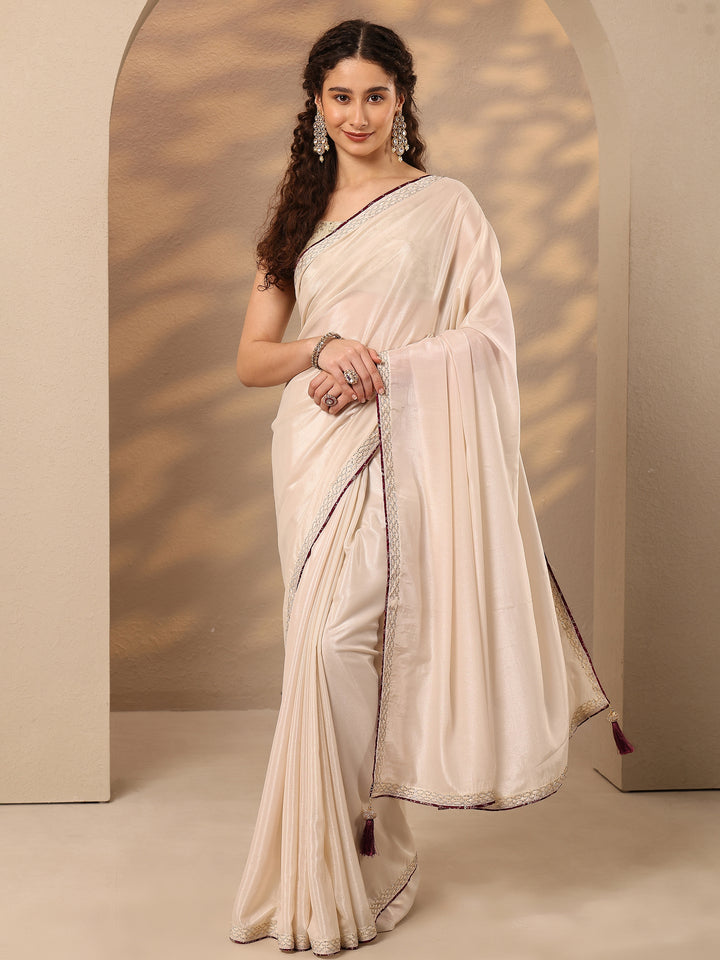 Cream Solid Silk Blend Saree With Unstitched Blouse Piece