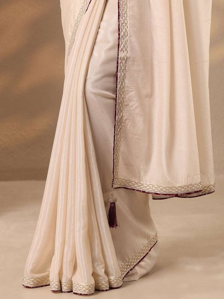 Cream Solid Silk Blend Saree With Unstitched Blouse Piece