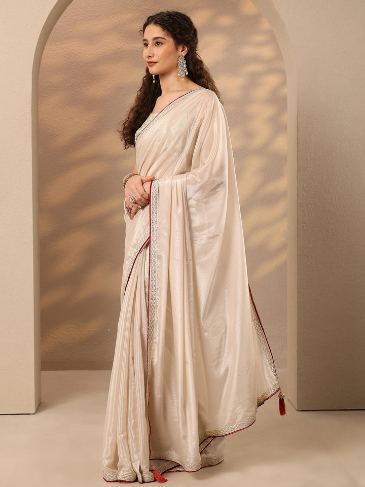 Cream Solid Silk Blend Saree With Unstitched Blouse Piece