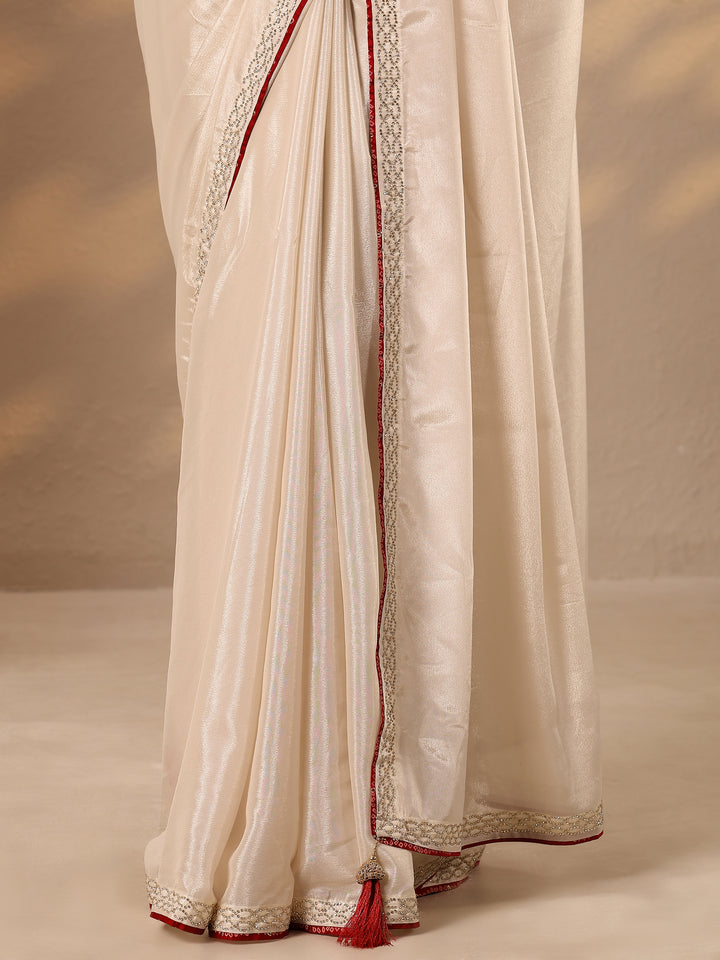 Cream Solid Silk Blend Saree With Unstitched Blouse Piece