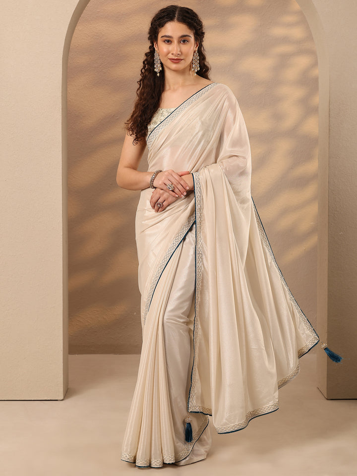 Cream Solid Silk Blend Saree With Unstitched Blouse Piece