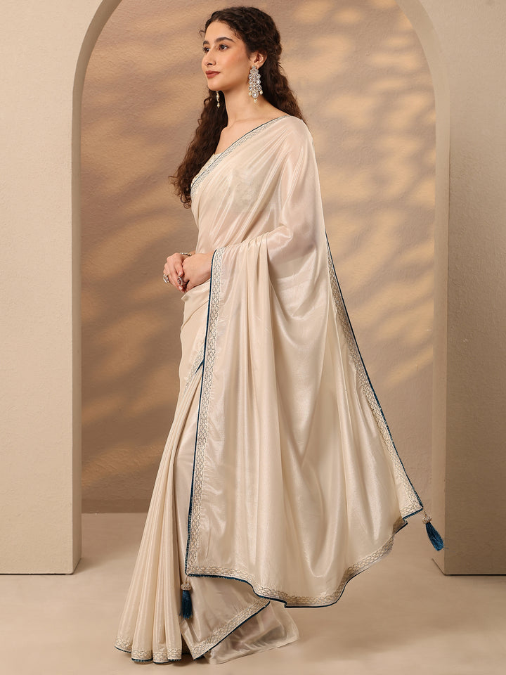 Cream Solid Silk Blend Saree With Unstitched Blouse Piece