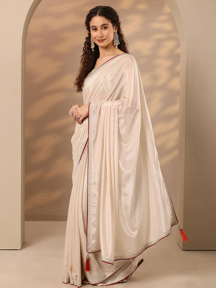Cream Solid Silk Blend Saree With Unstitched Blouse Piece