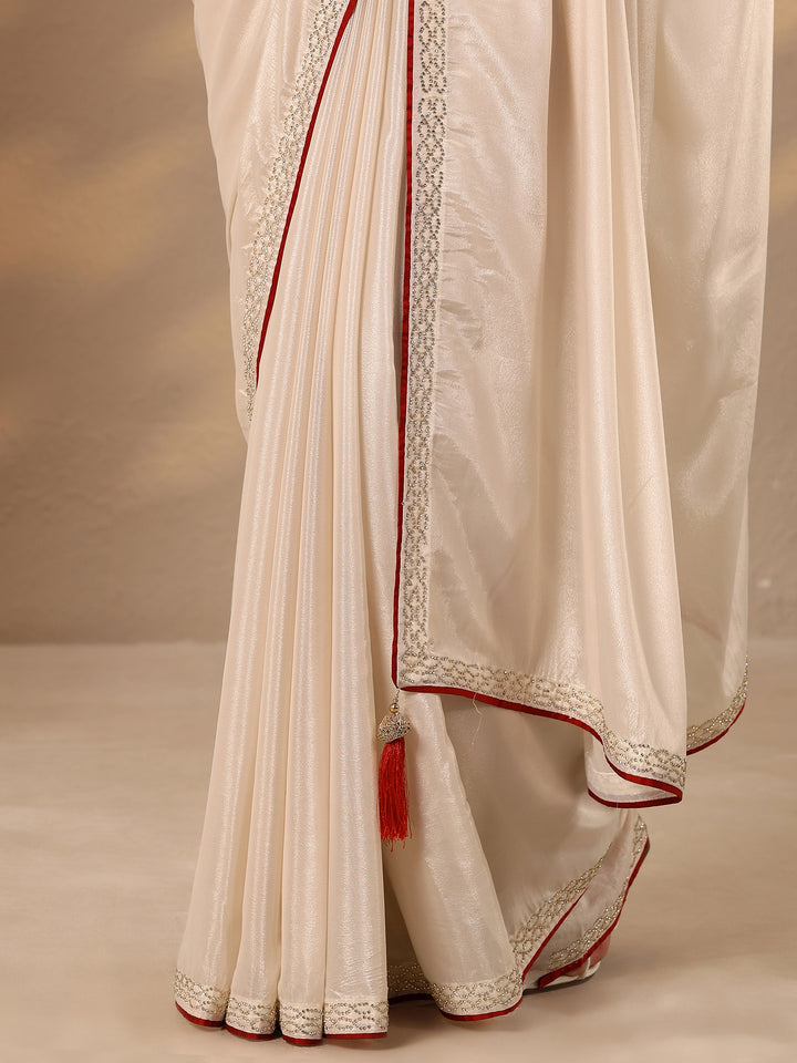 Cream Solid Silk Blend Saree With Unstitched Blouse Piece