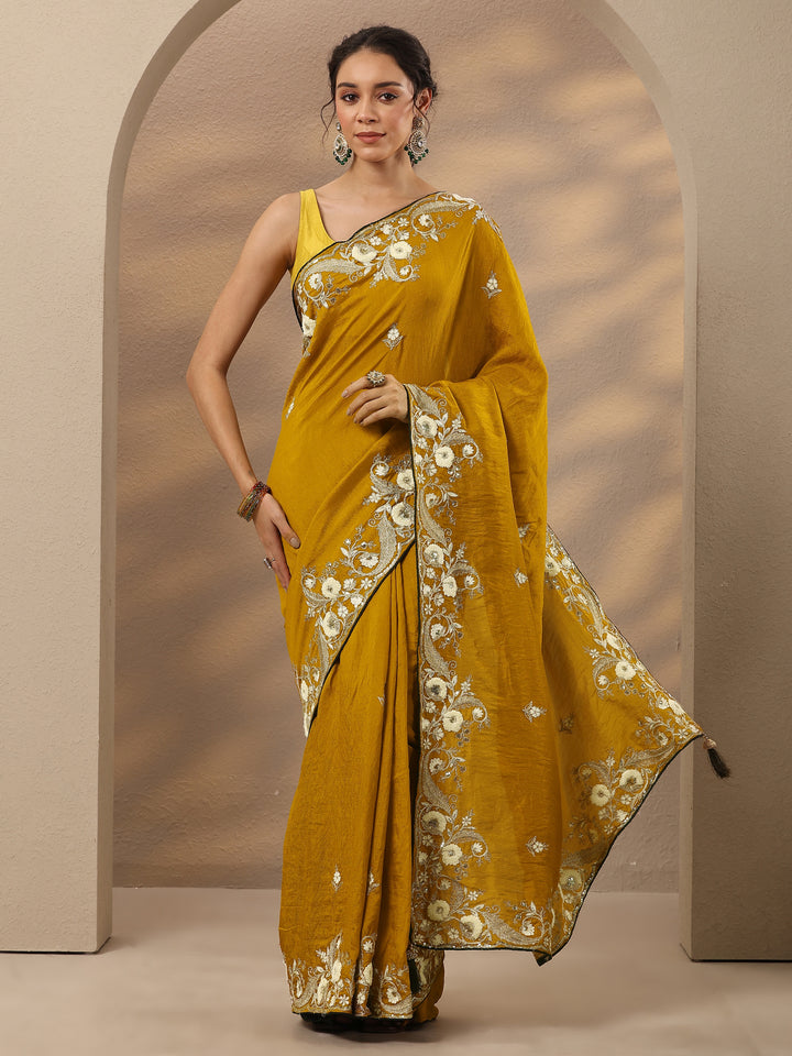 Mustard Embroidered Silk Blend Saree With Unstitched Blouse Piece