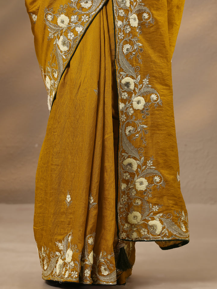 Mustard Embroidered Silk Blend Saree With Unstitched Blouse Piece