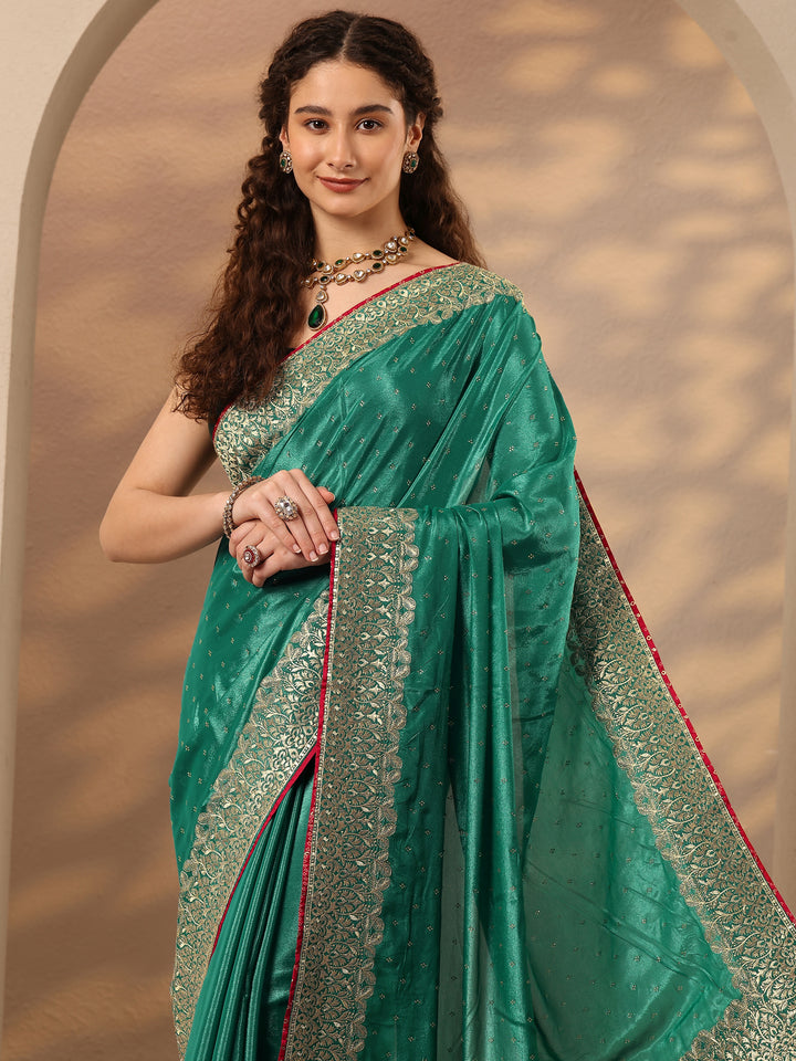 Green Embellished Silk Blend Saree With Unstitched Blouse Piece