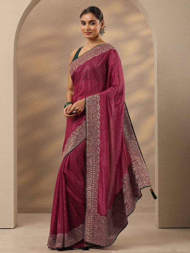 Pink Embellished Silk Blend Saree With Unstitched Blouse Piece