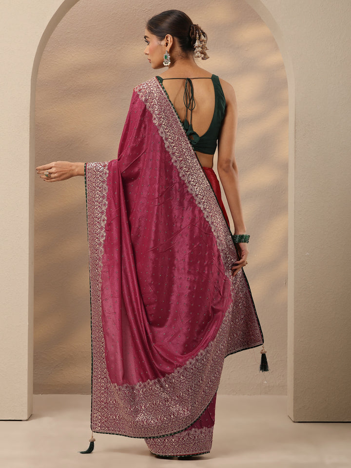 Pink Embellished Silk Blend Saree With Unstitched Blouse Piece