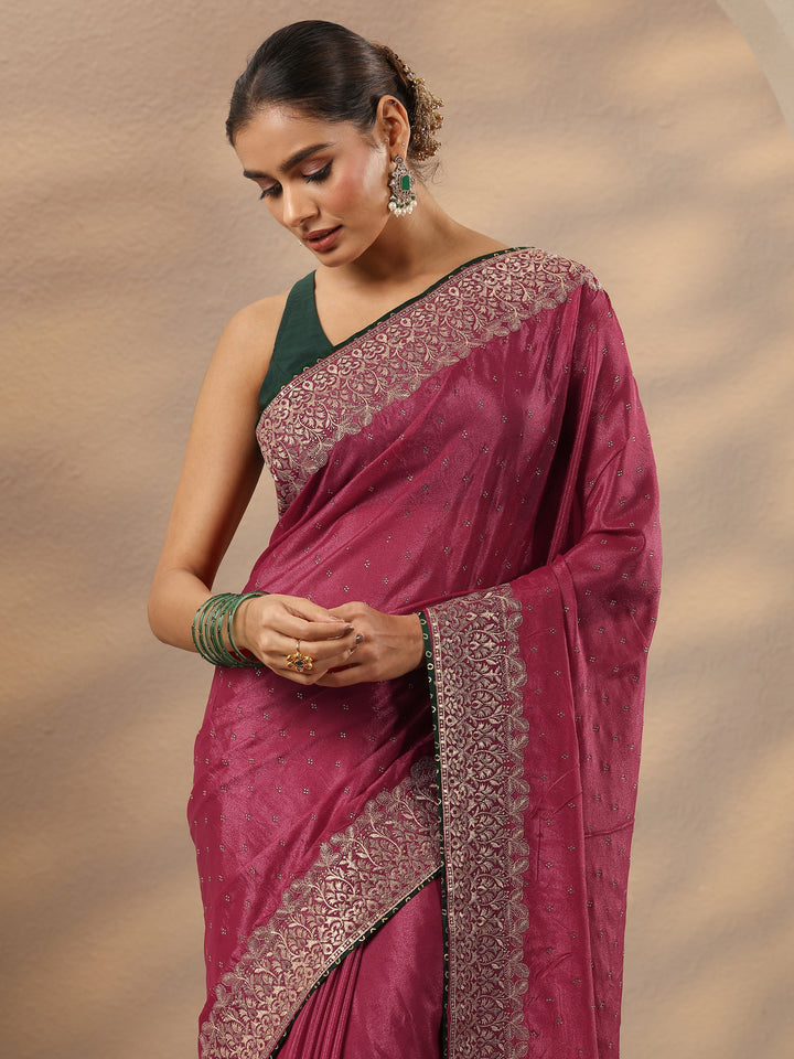 Pink Embellished Silk Blend Saree With Unstitched Blouse Piece