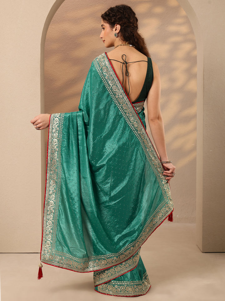 Green Embellished Silk Blend Saree With Unstitched Blouse Piece