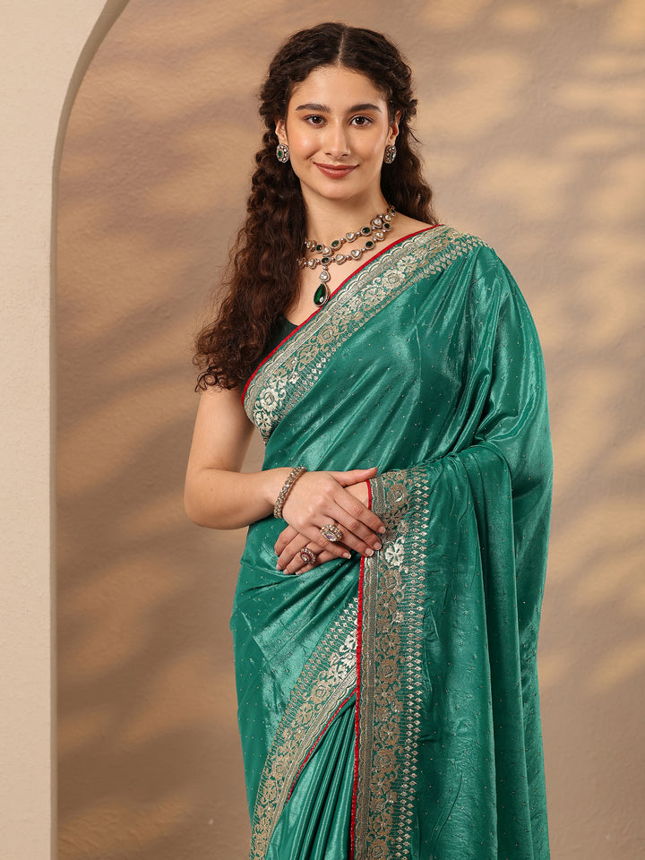 Green Embellished Silk Blend Saree With Unstitched Blouse Piece