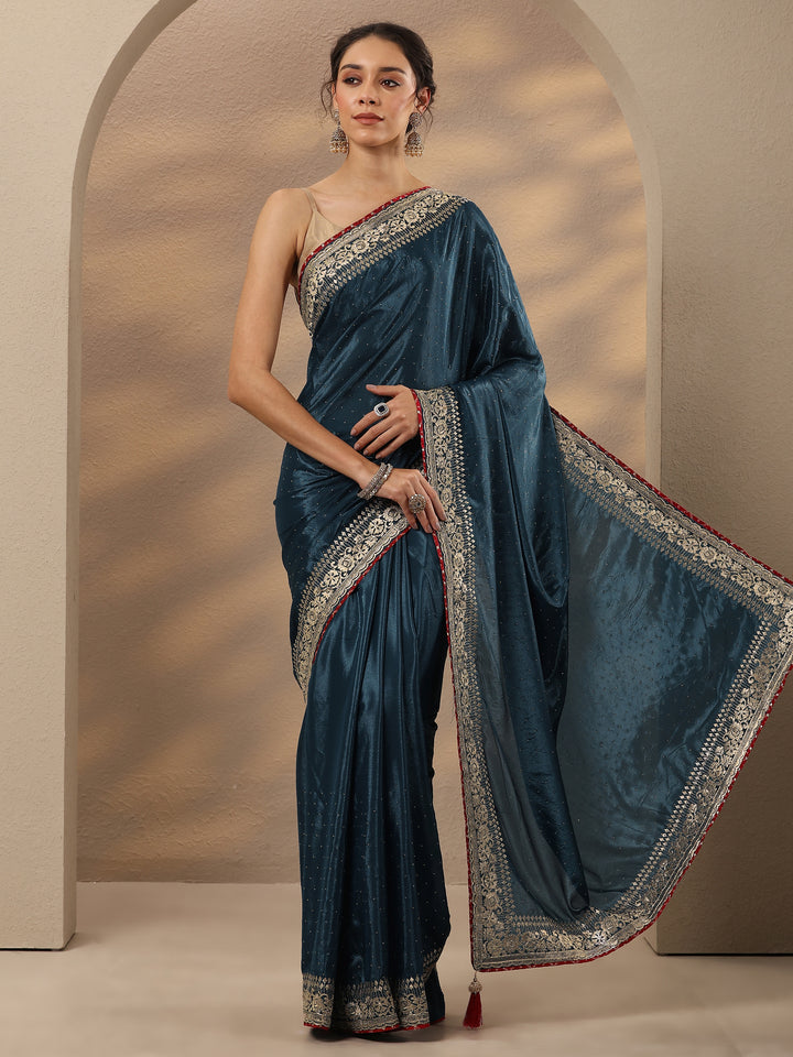 Navy Blue Embellished Silk Blend Saree With Unstitched Blouse Piece