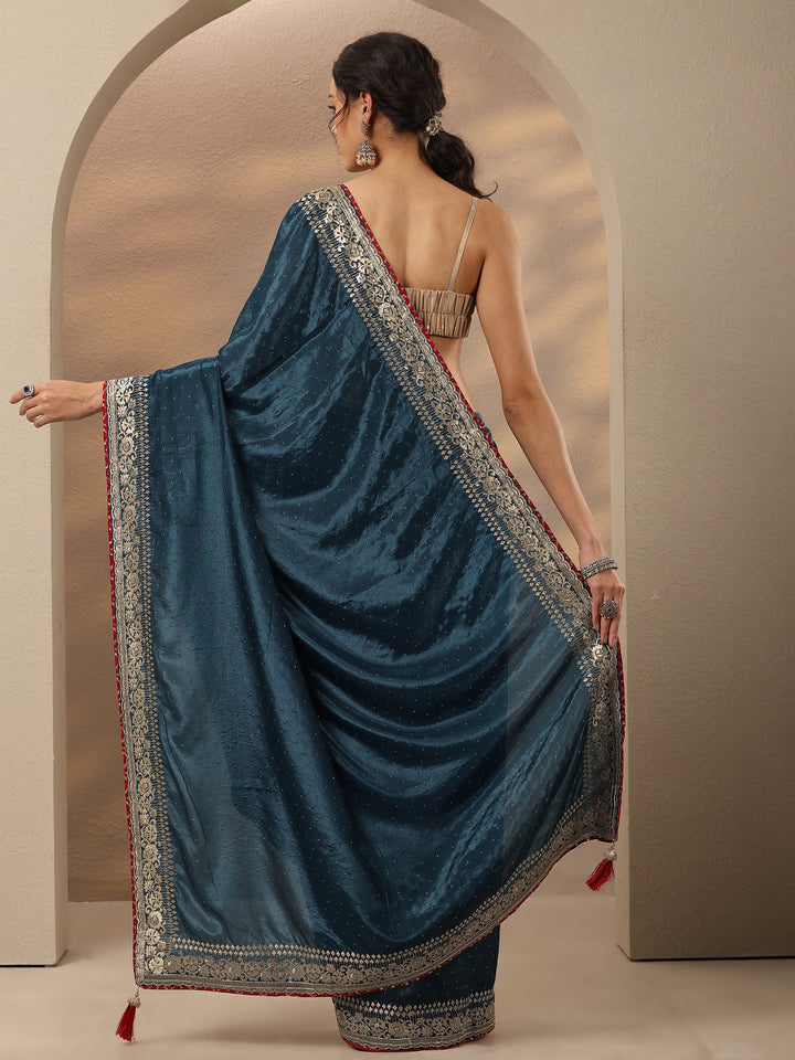 Navy Blue Embellished Silk Blend Saree With Unstitched Blouse Piece