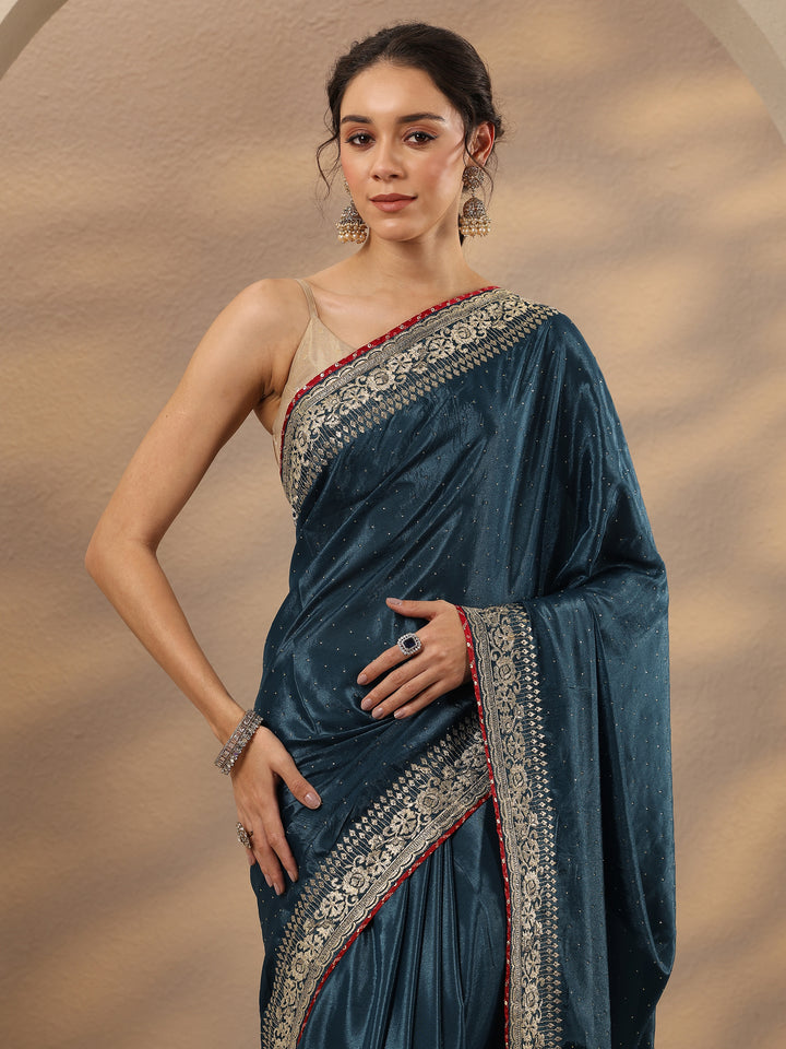 Navy Blue Embellished Silk Blend Saree With Unstitched Blouse Piece