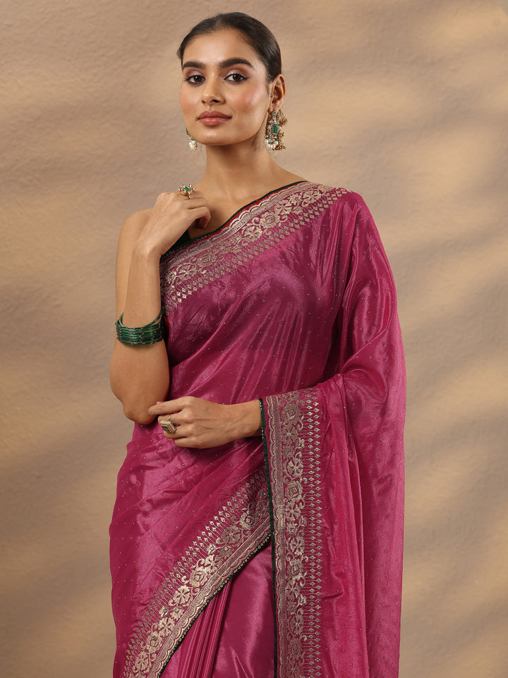 Pink Embellished Silk Blend Saree With Unstitched Blouse Piece