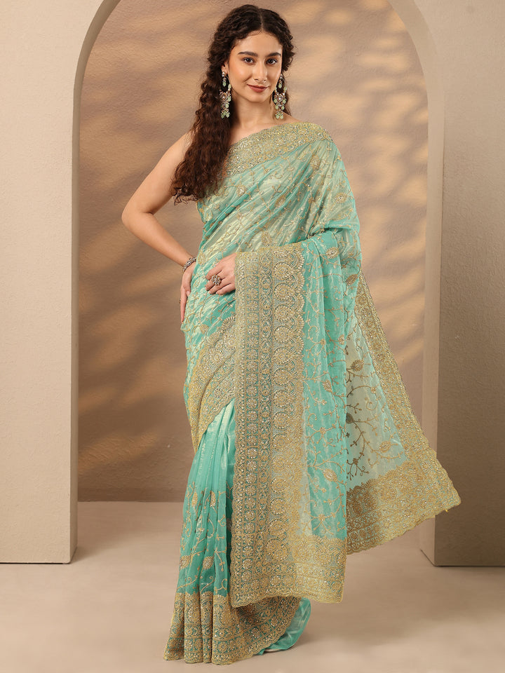 Green Embroidered Nylon Saree With Unstitched Blouse Piece