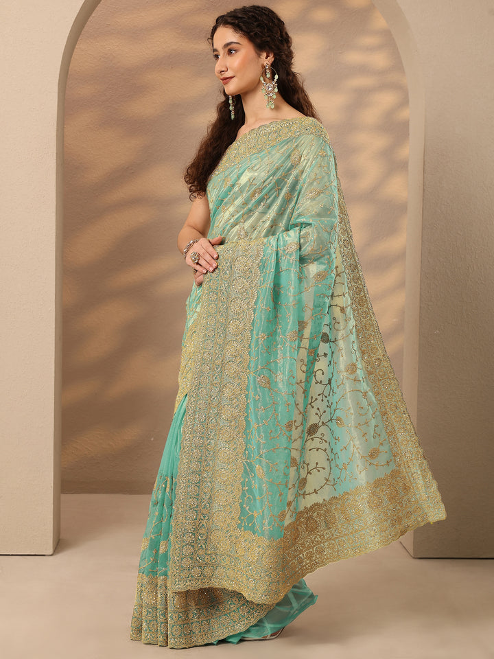 Green Embroidered Nylon Saree With Unstitched Blouse Piece