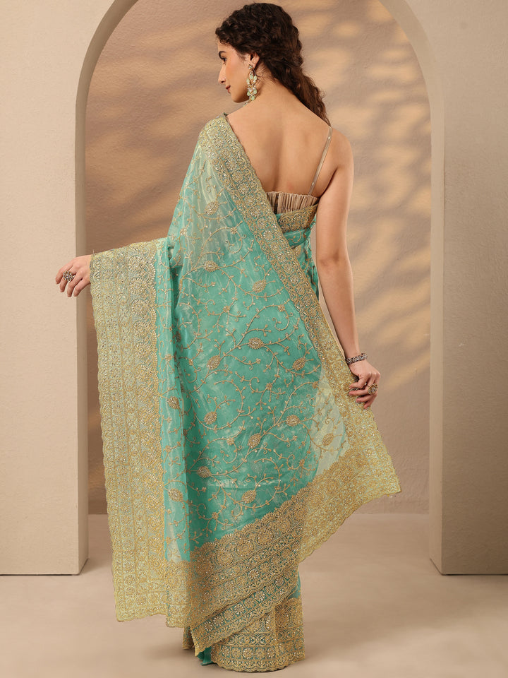 Green Embroidered Nylon Saree With Unstitched Blouse Piece