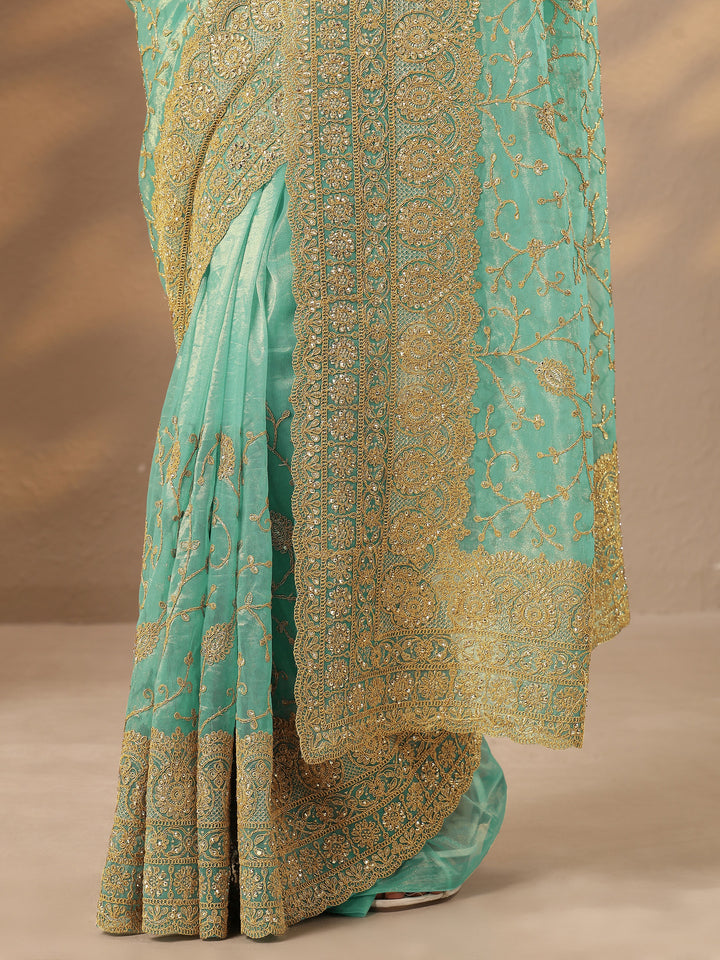 Green Embroidered Nylon Saree With Unstitched Blouse Piece