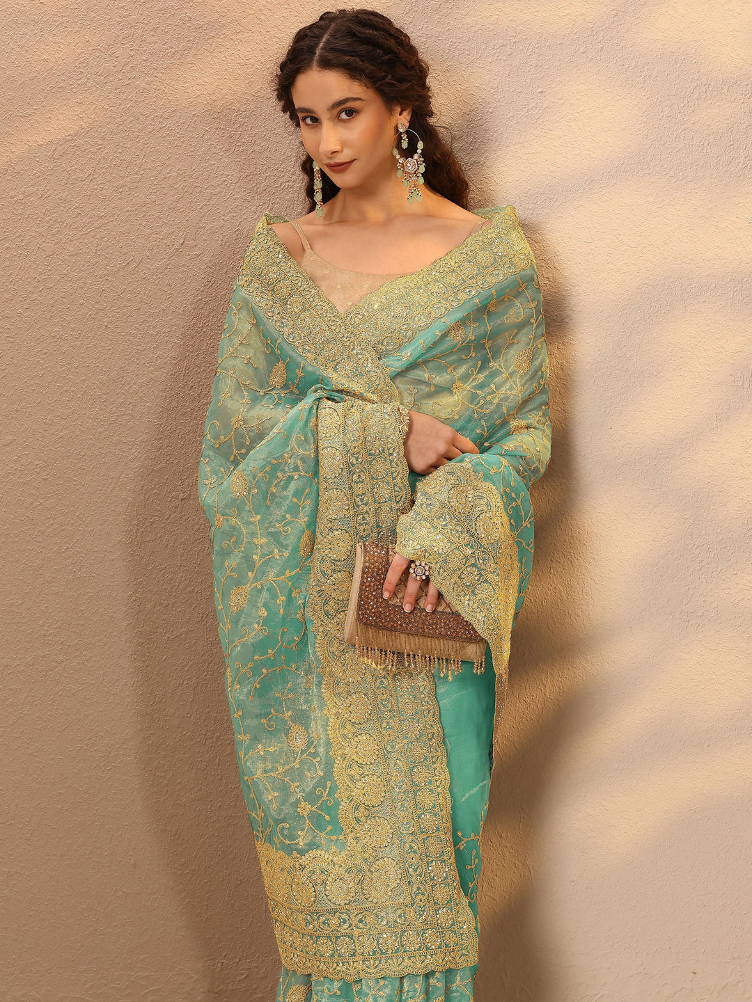 Green Embroidered Nylon Saree With Unstitched Blouse Piece