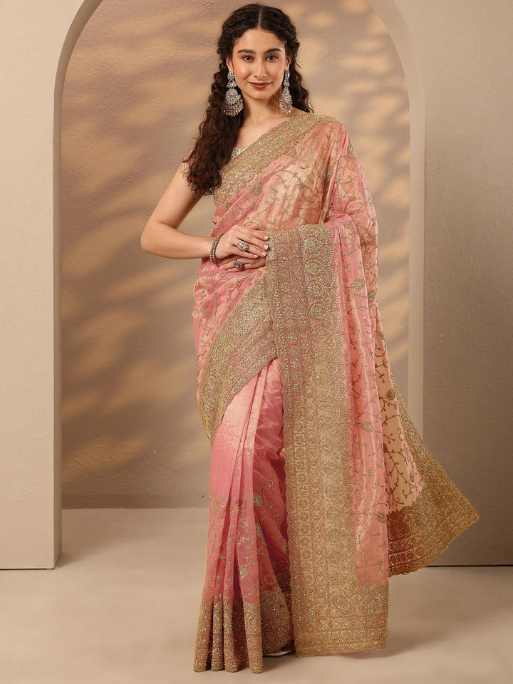 Coral Embroidered Nylon Saree With Unstitched Blouse Piece
