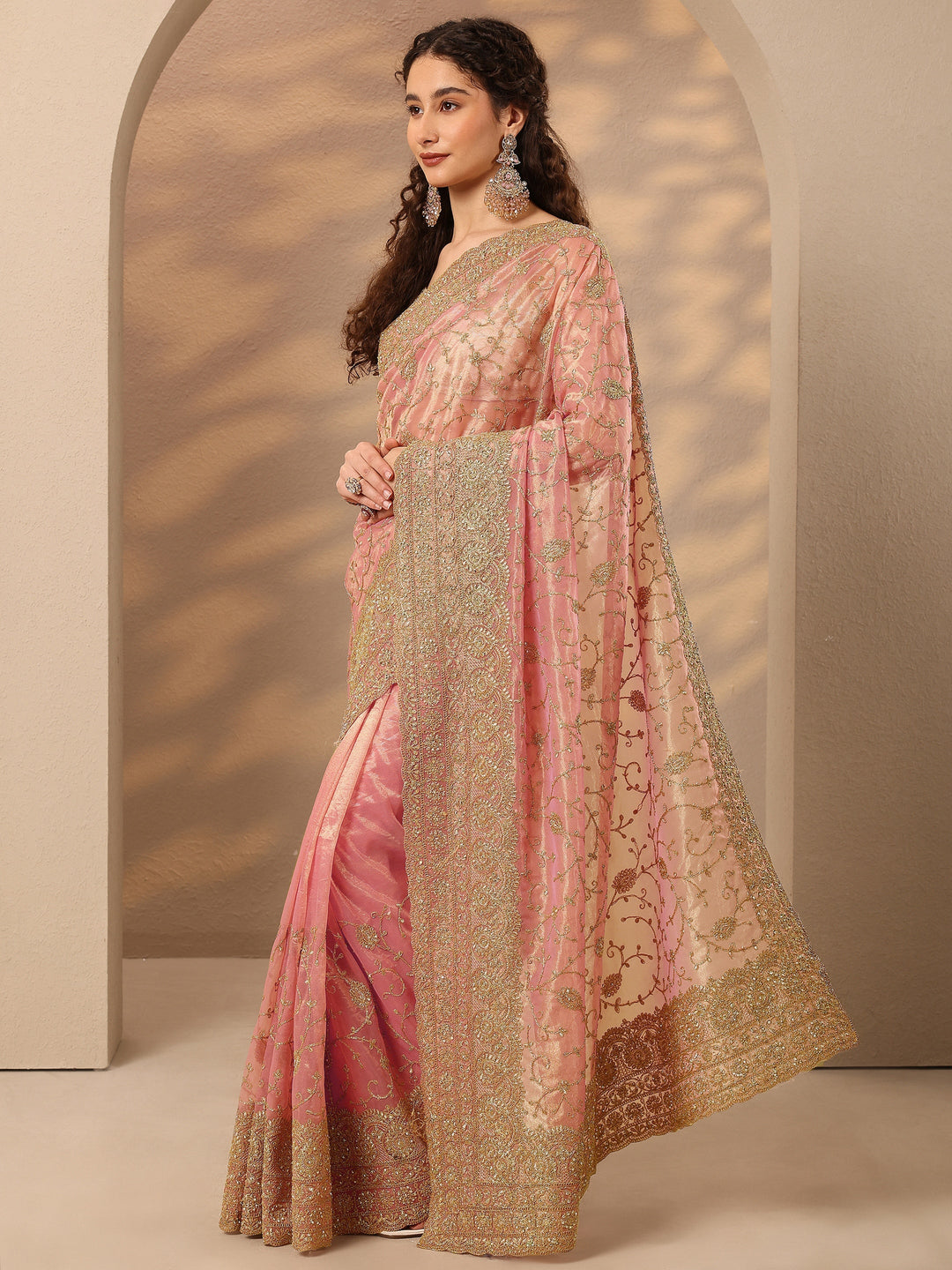 Coral Embroidered Nylon Saree With Unstitched Blouse Piece