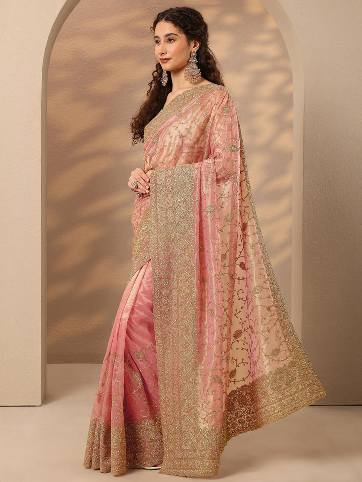 Coral Embroidered Nylon Saree With Unstitched Blouse Piece