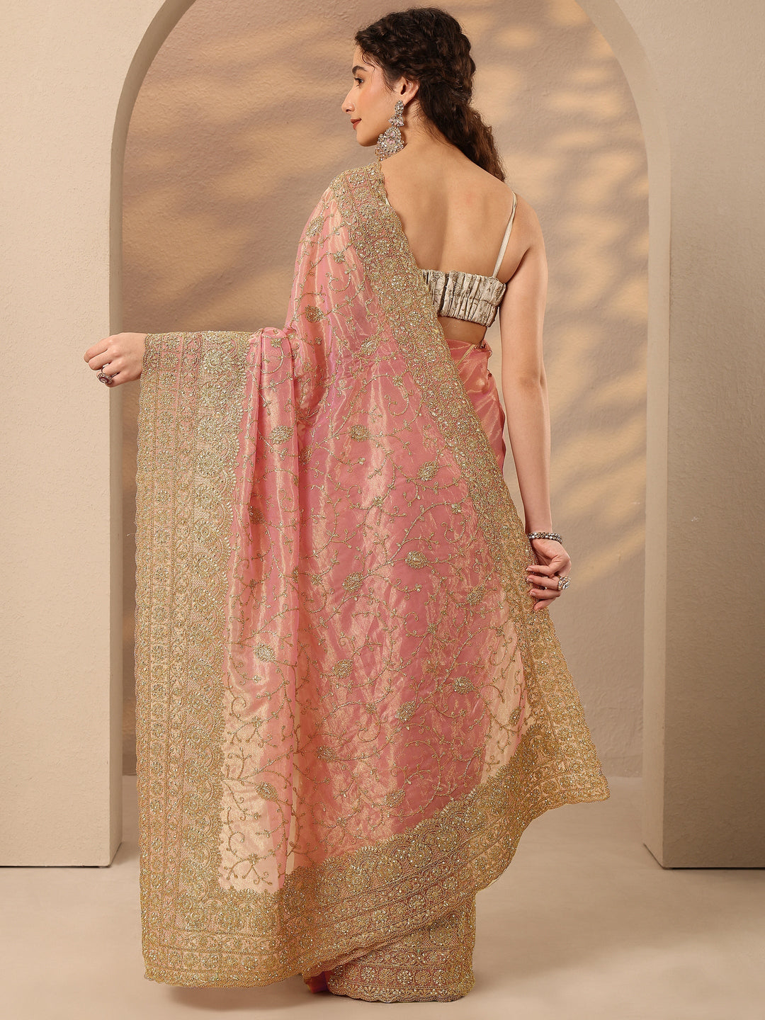 Coral Embroidered Nylon Saree With Unstitched Blouse Piece