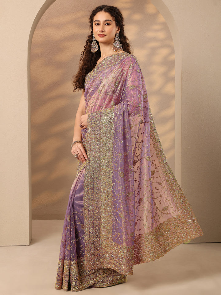 Lavender Embroidered Nylon Saree With Unstitched Blouse Piece