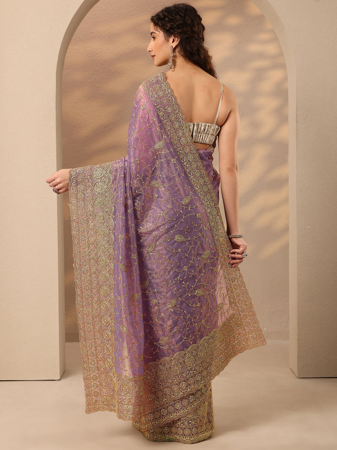 Lavender Embroidered Nylon Saree With Unstitched Blouse Piece