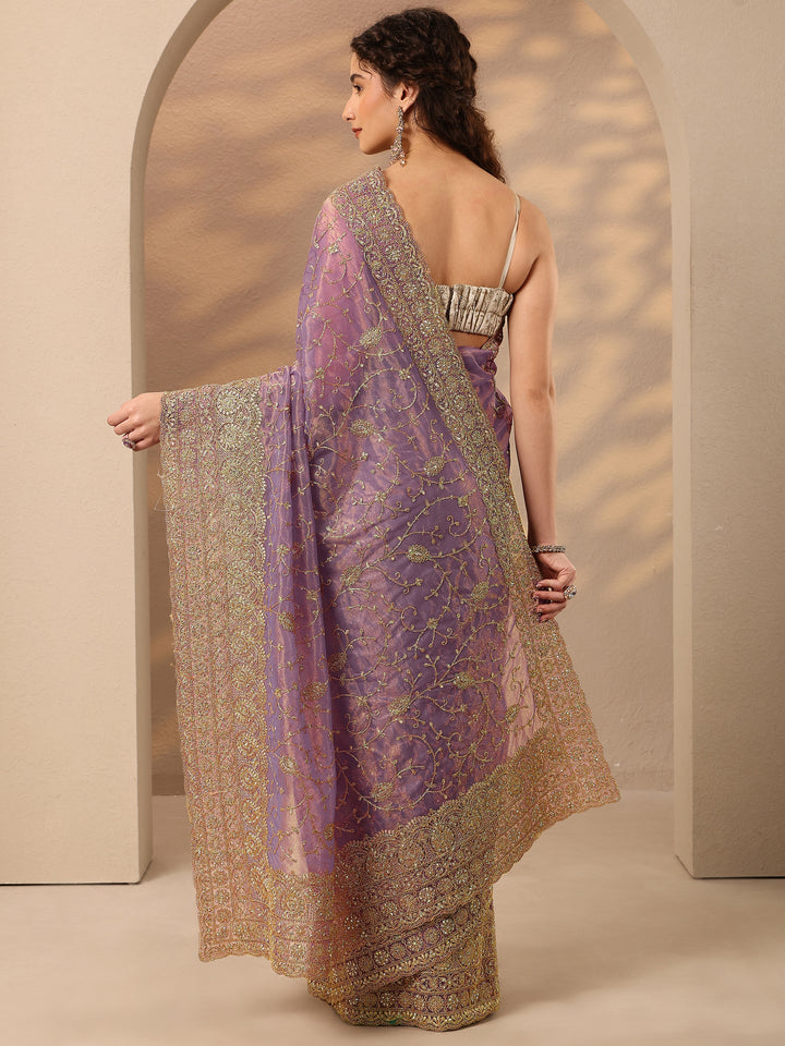 Lavender Embroidered Nylon Saree With Unstitched Blouse Piece
