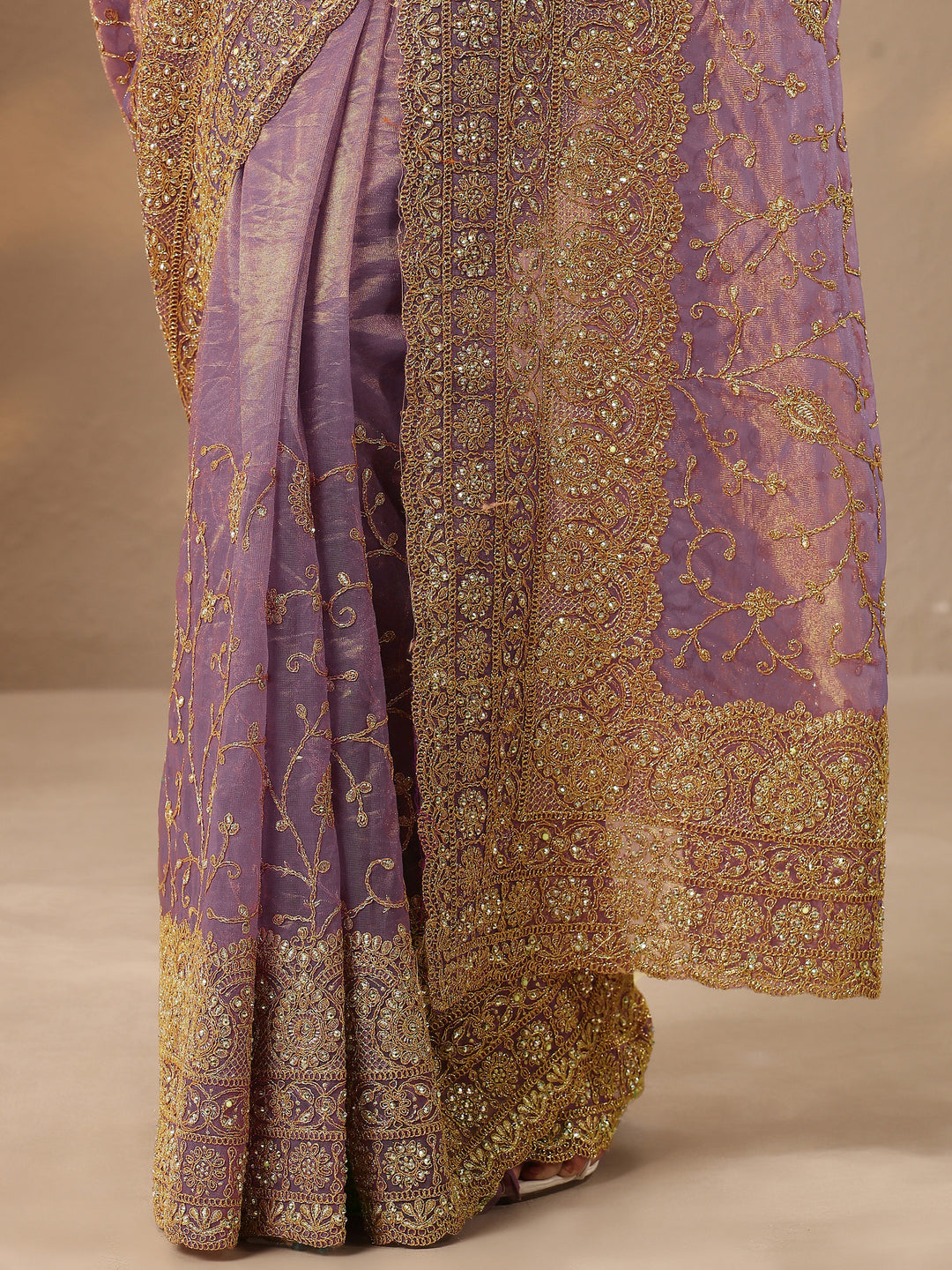 Lavender Embroidered Nylon Saree With Unstitched Blouse Piece