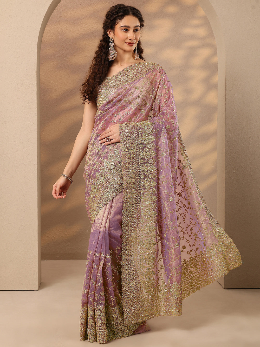 Lavender Embroidered Nylon Saree With Unstitched Blouse Piece