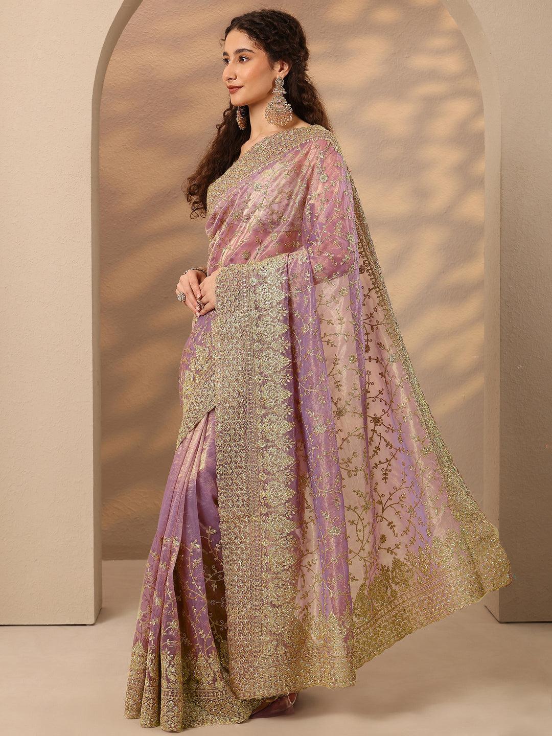Lavender Embroidered Nylon Saree With Unstitched Blouse Piece