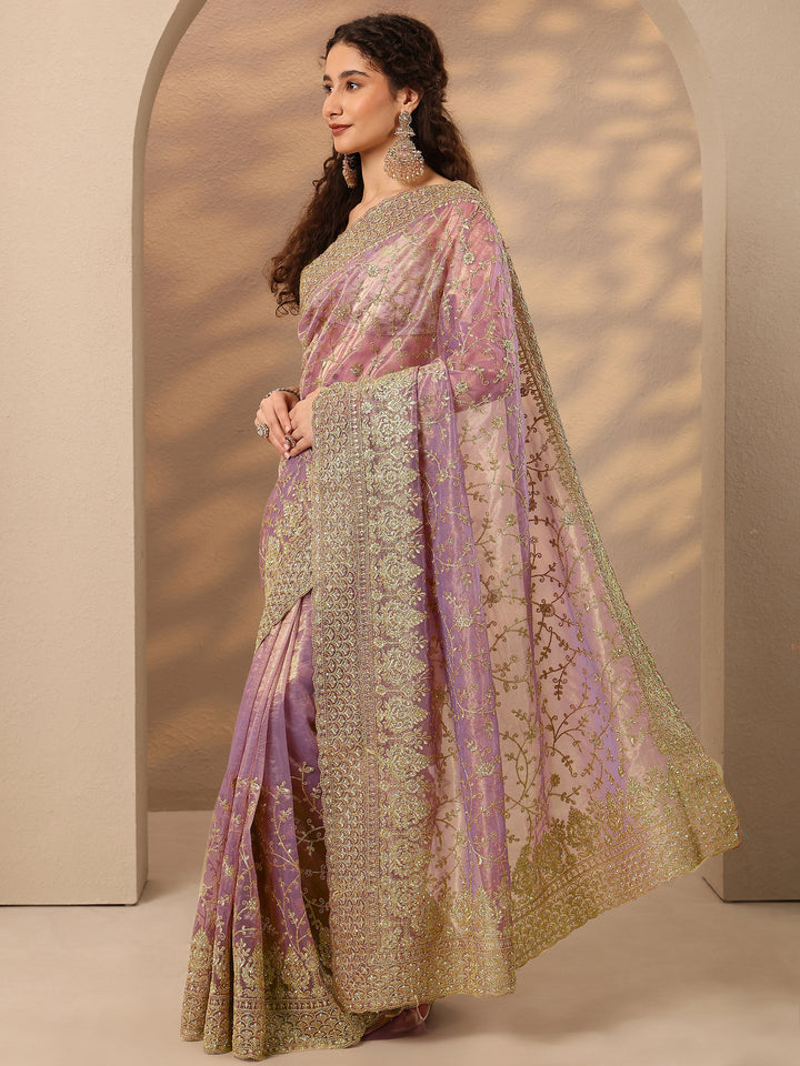 Lavender Embroidered Nylon Saree With Unstitched Blouse Piece