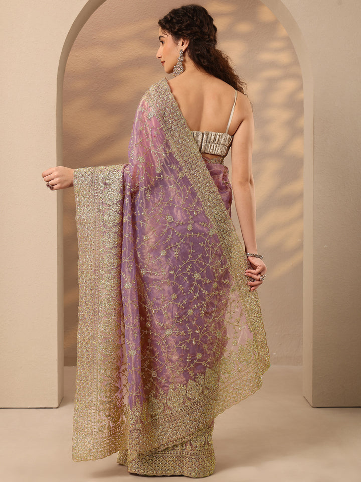 Lavender Embroidered Nylon Saree With Unstitched Blouse Piece