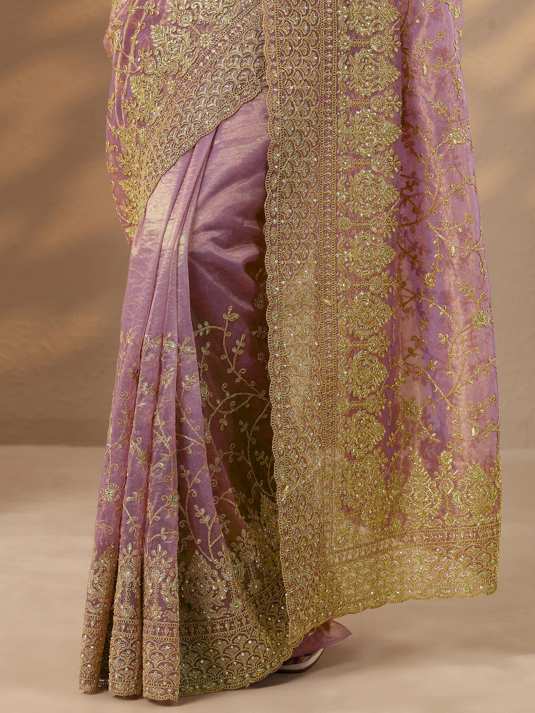 Lavender Embroidered Nylon Saree With Unstitched Blouse Piece