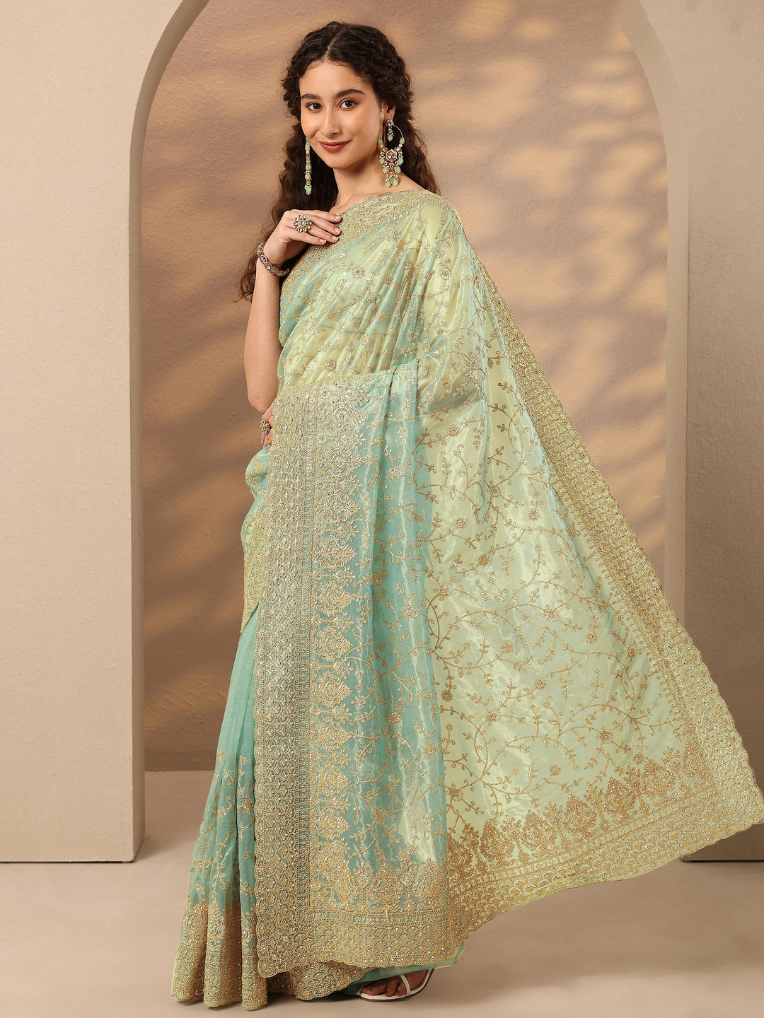 Green Embroidered Nylon Saree With Unstitched Blouse Piece