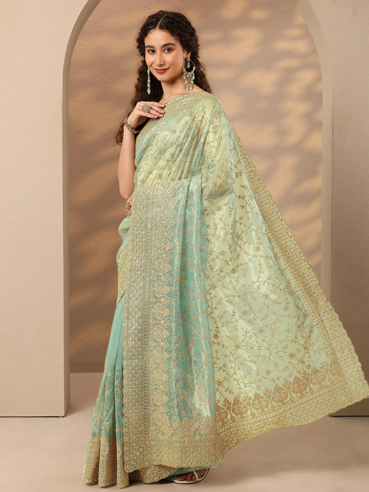 Green Embroidered Nylon Saree With Unstitched Blouse Piece