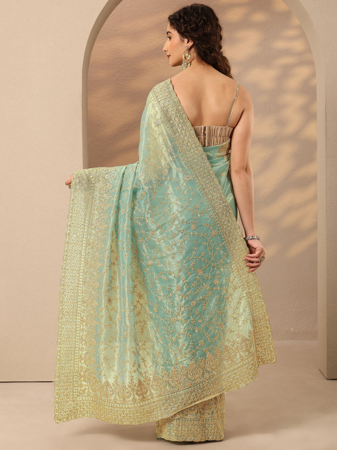Green Embroidered Nylon Saree With Unstitched Blouse Piece