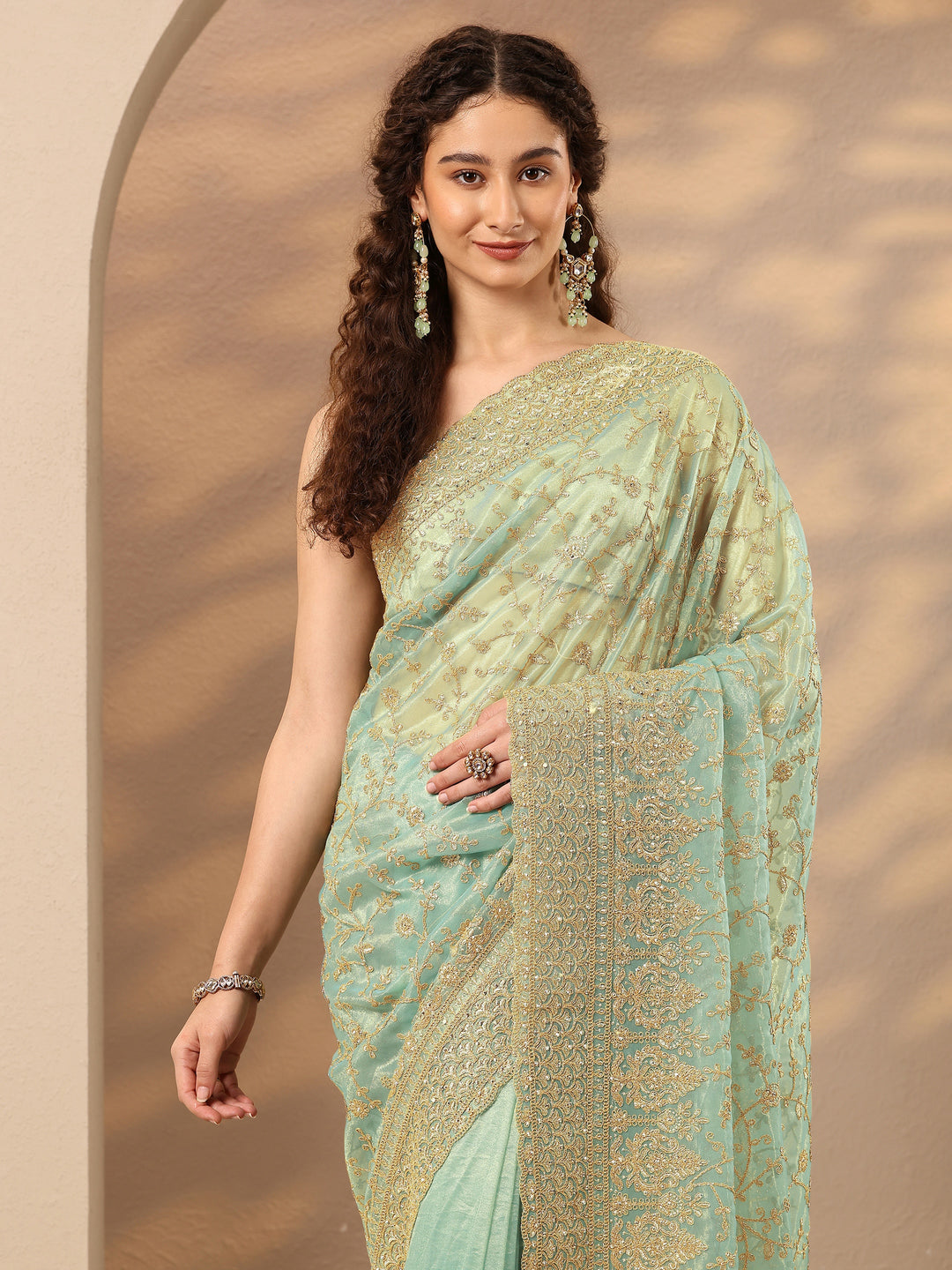 Green Embroidered Nylon Saree With Unstitched Blouse Piece