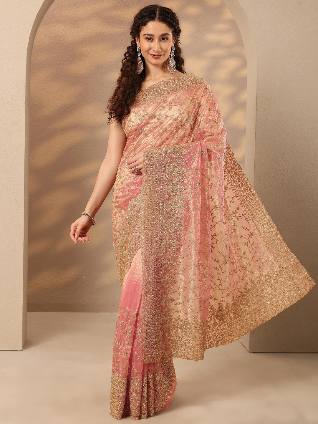 Coral Embroidered Nylon Saree With Unstitched Blouse Piece