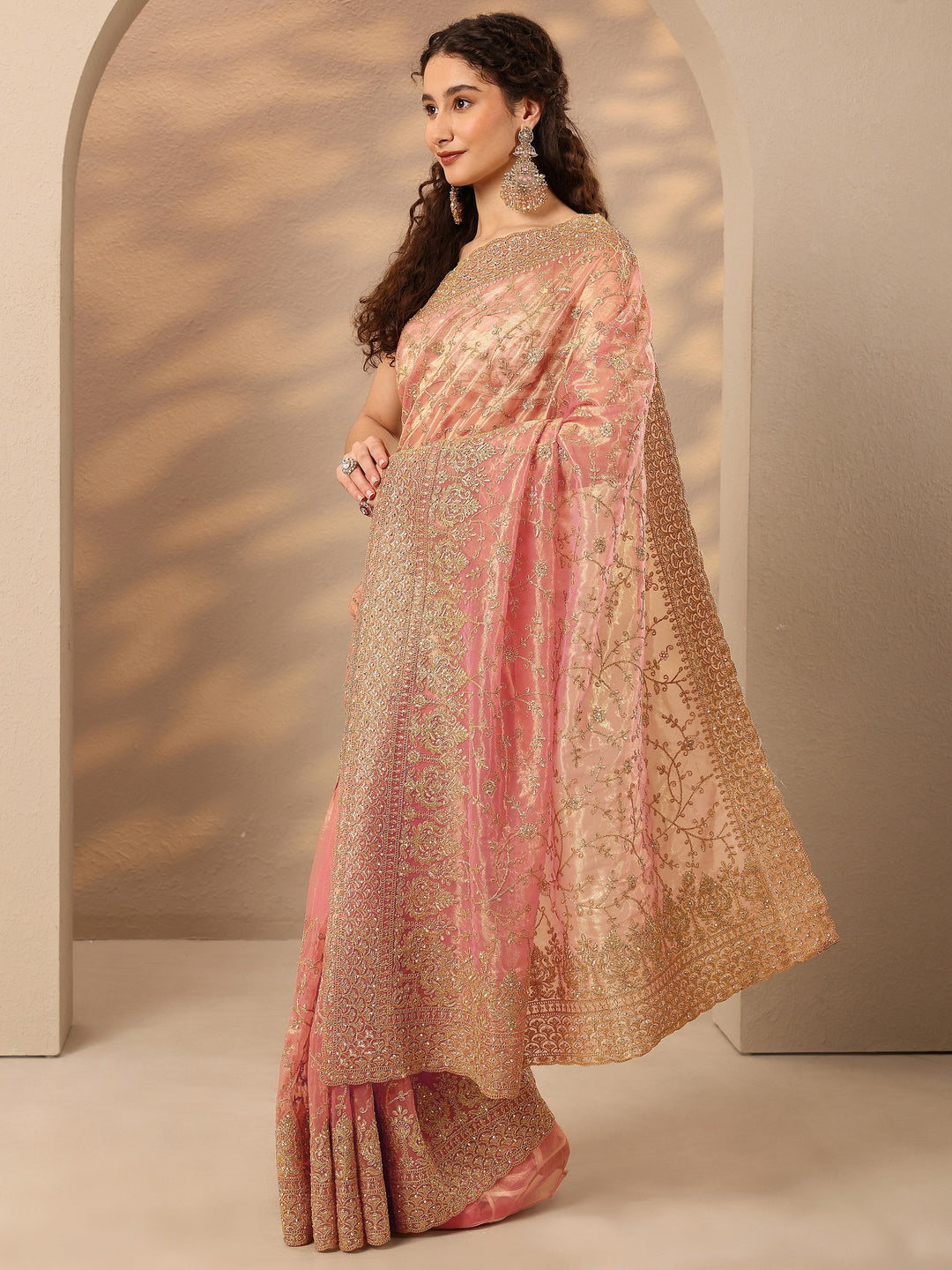 Coral Embroidered Nylon Saree With Unstitched Blouse Piece