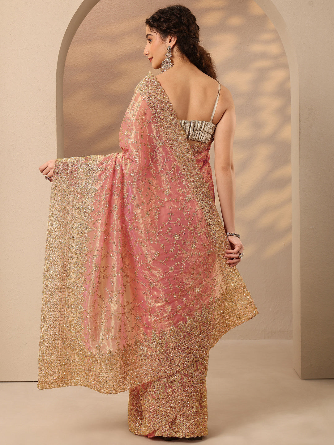 Coral Embroidered Nylon Saree With Unstitched Blouse Piece