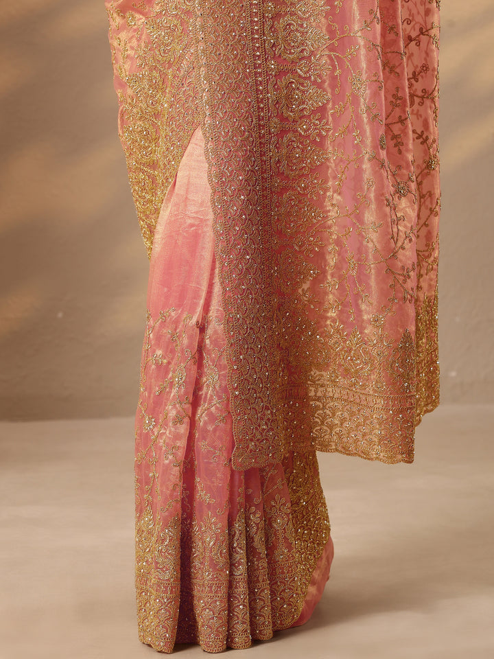 Coral Embroidered Nylon Saree With Unstitched Blouse Piece