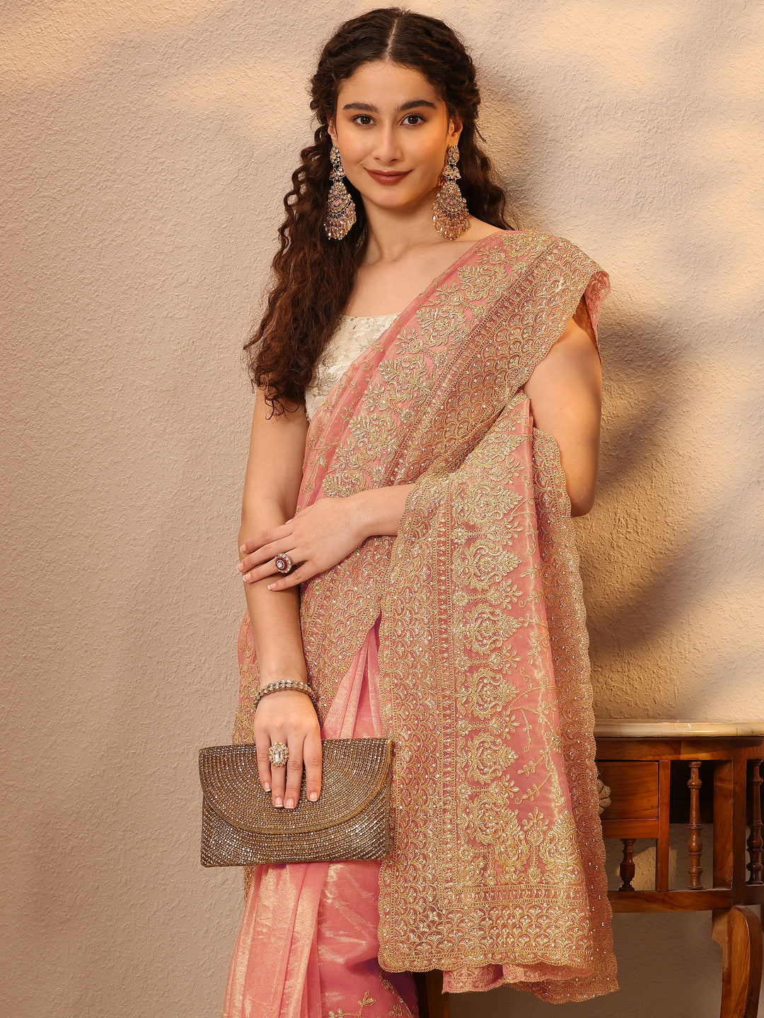 Coral Embroidered Nylon Saree With Unstitched Blouse Piece